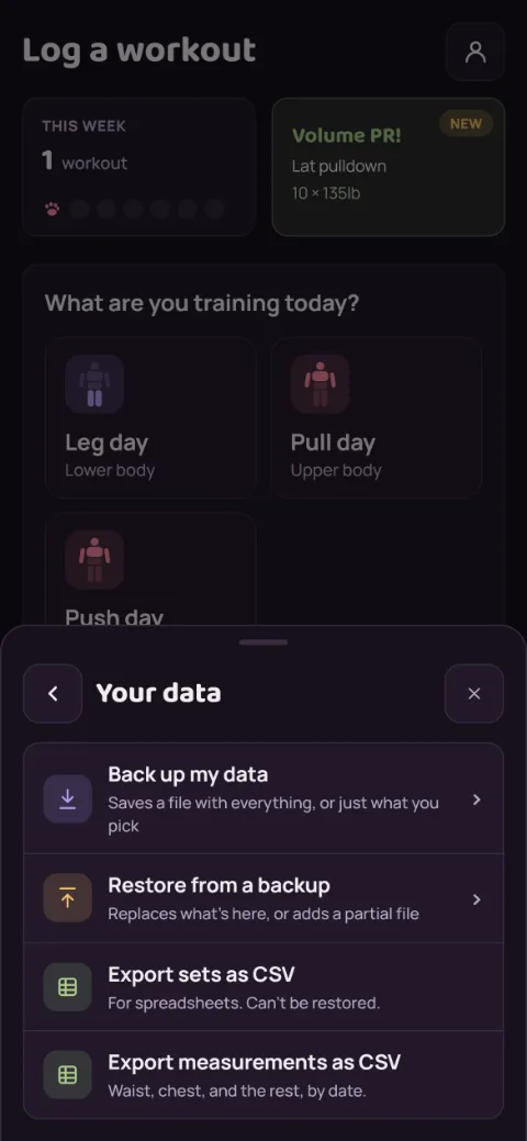 The Your data sheet with Back up my data, Restore from a backup, and Export sets as CSV.