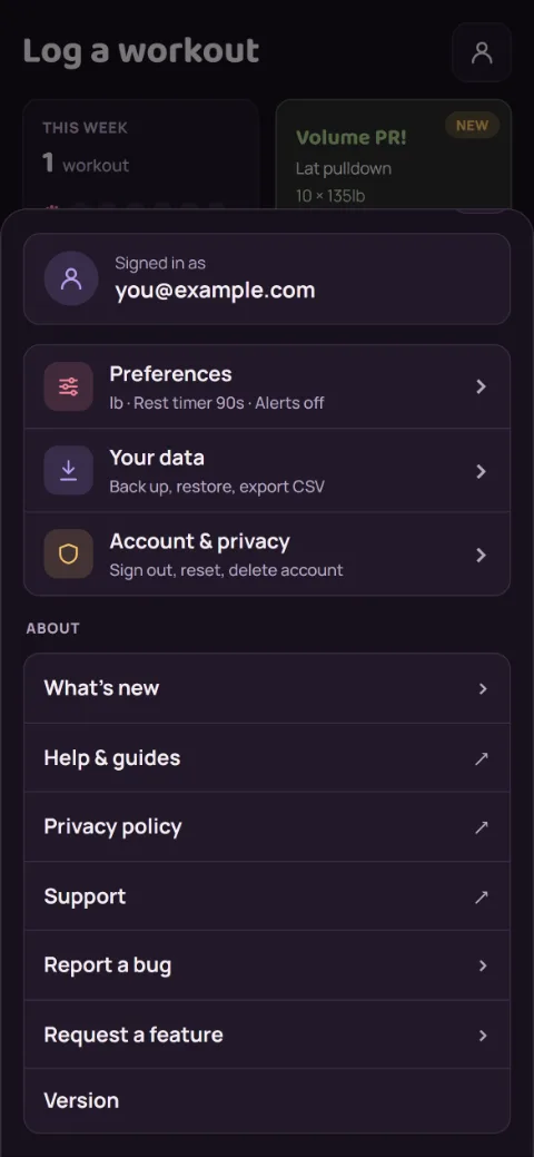 The Account sheet, with Report a bug in the About list.