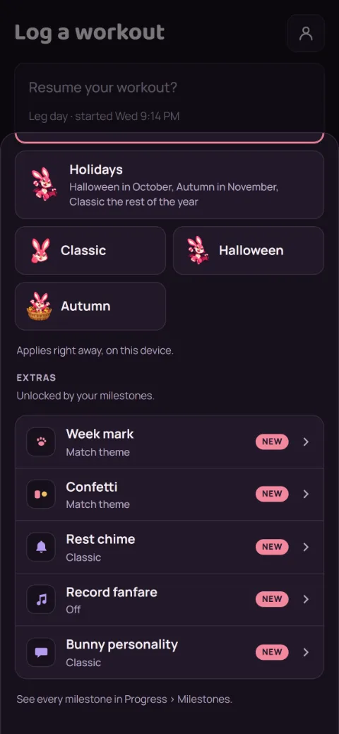 The Extras group on the Theme screen: Week mark, Confetti, Rest chime, Record fanfare, and Bunny personality, each with its current pick.
