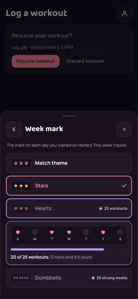 The Week mark picker: Match theme, Stars picked, and a locked option showing a preview of the week tracker and how many workouts are left to unlock it.