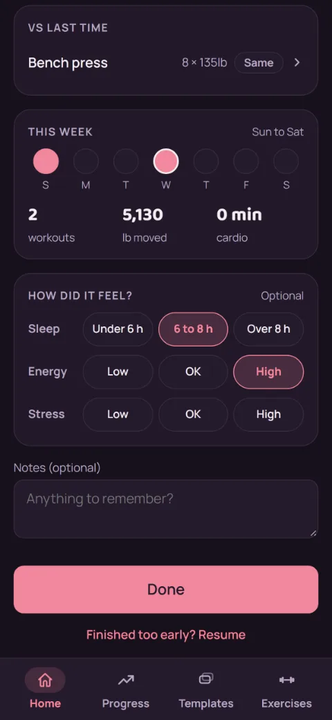 Workout recap with this week's days and a How did it feel? card for sleep, energy, and stress