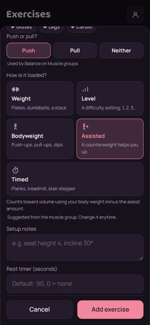 The New exercise sheet with the five load type tiles and Assisted picked.