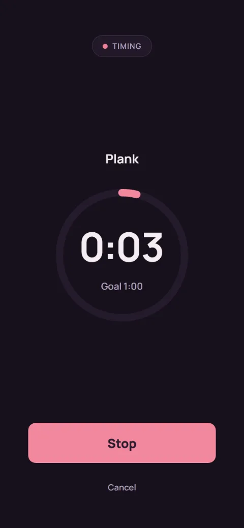 The stopwatch counting up toward a plank goal time, with Stop and Cancel.