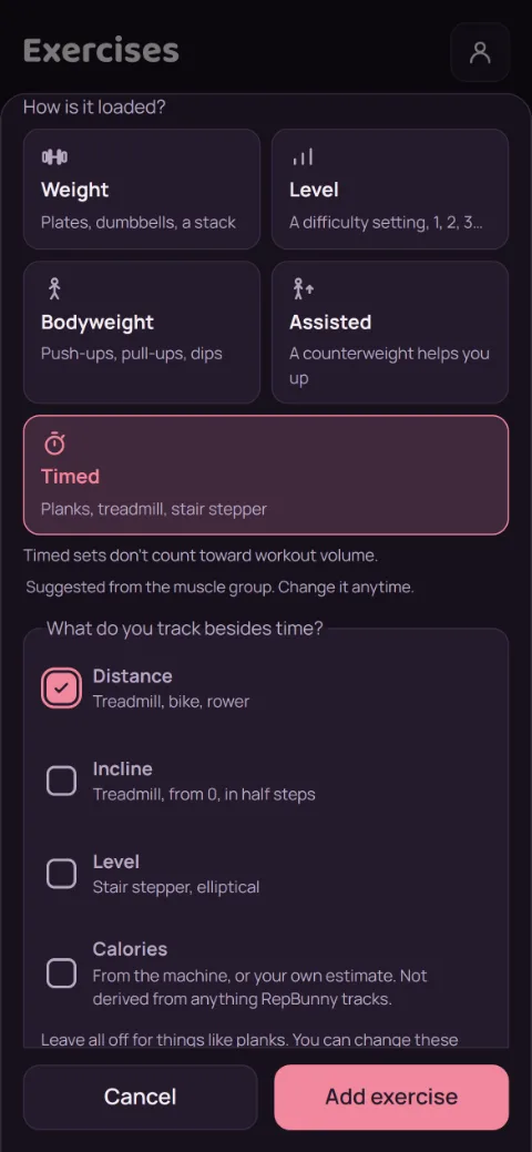Timed picked, with checkboxes for Distance, Incline, Level, and Calories.