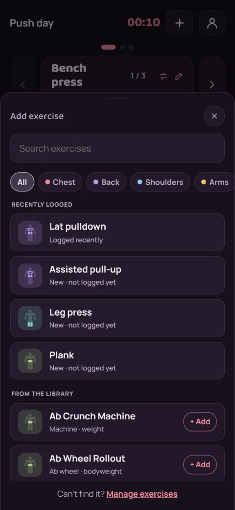 The Add exercise sheet with a search box, muscle group filters, and a list of exercises.