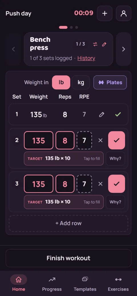 Bench press in a Push day workout: a target above the rows, one logged set, and two rows ready to log.
