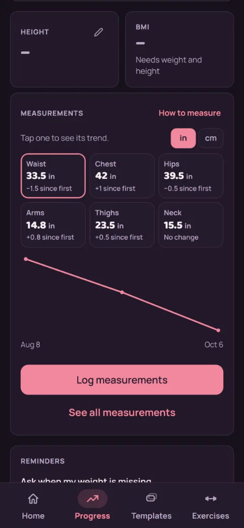 The Measurements card: waist, chest, hips, arms, thighs, and neck, each with its latest number and change, above a chart of waist over two months.