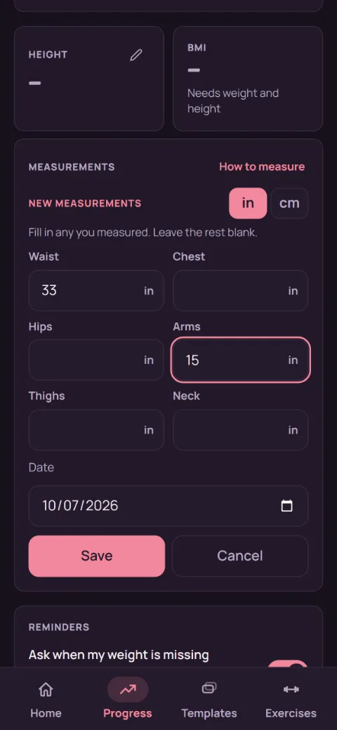 The New measurements form with waist and arms filled in, the in and cm switch, and a date.