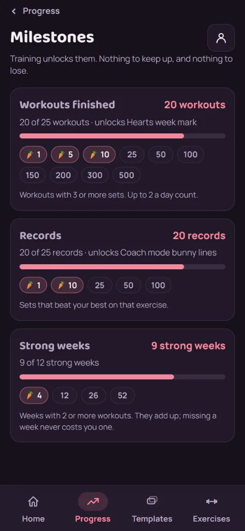 Milestones screen with progress toward workouts finished, records, and strong weeks