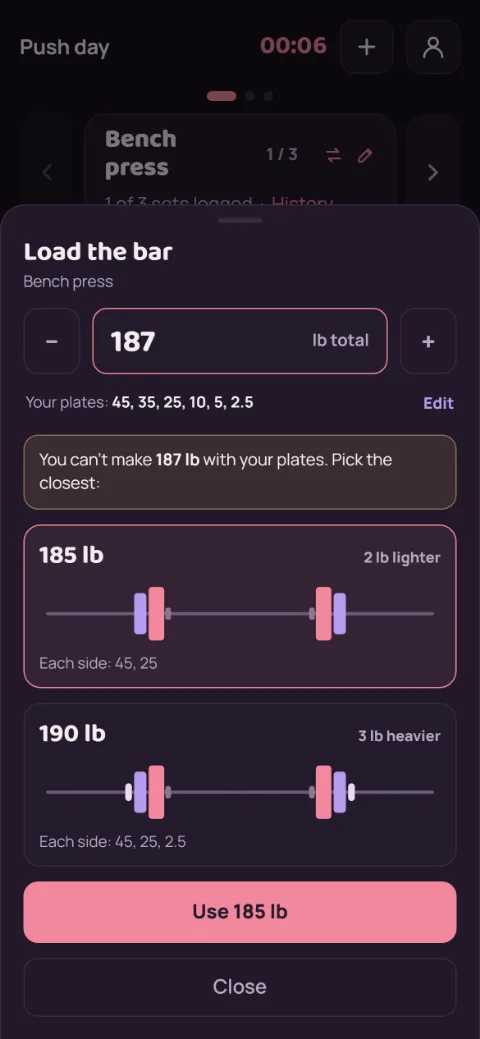 187 lb can’t be made, with 185 lb and 190 lb offered as the closest.