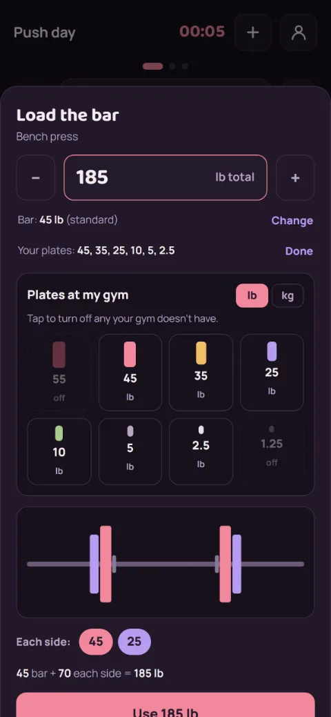 Plates at my gym, a grid of plate sizes you can tap on or off.