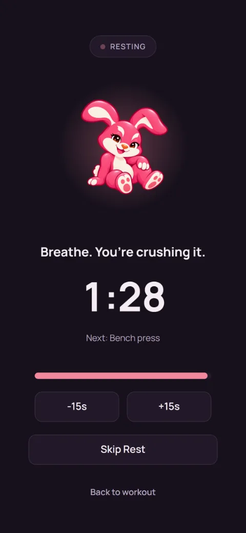 The rest screen counting down, with -15s, +15s, Skip Rest, and Back to workout.