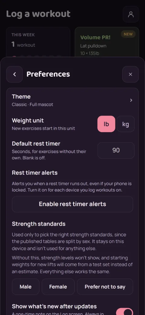 Preferences with Default rest timer set to 90 seconds.