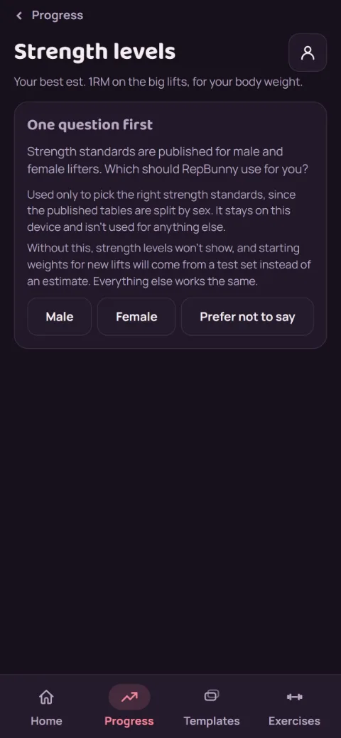 The Strength levels screen asking which standards to use, with Male, Female, and Prefer not to say.