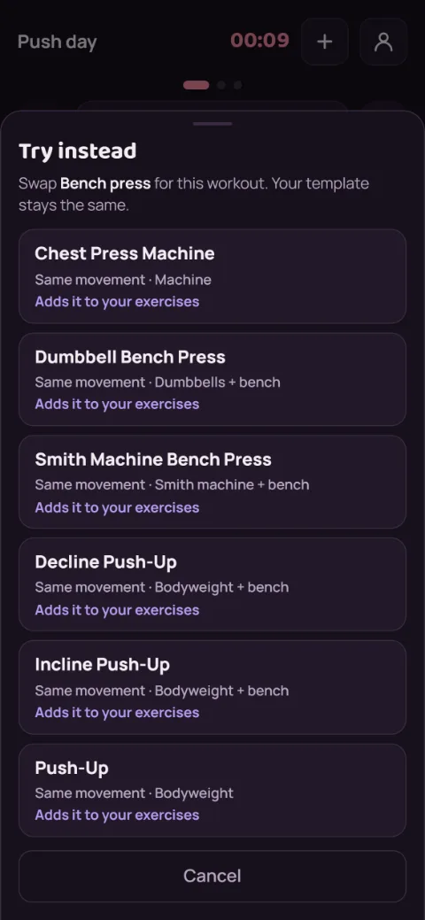 Try instead sheet suggesting a chest press machine, dumbbell bench press, and push-ups in place of bench press