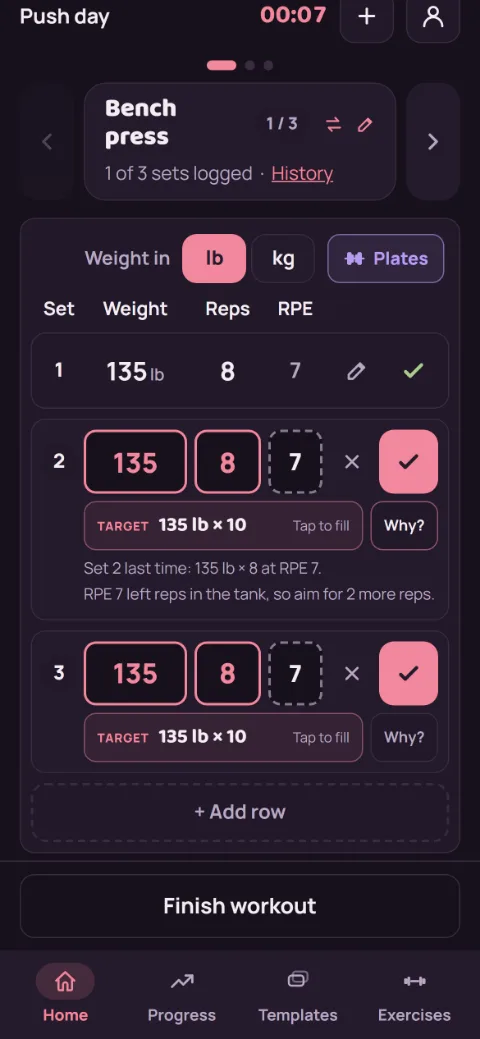 Bench press in a workout: a Target chip under each open set row, with Why? open under one of them explaining the rule.