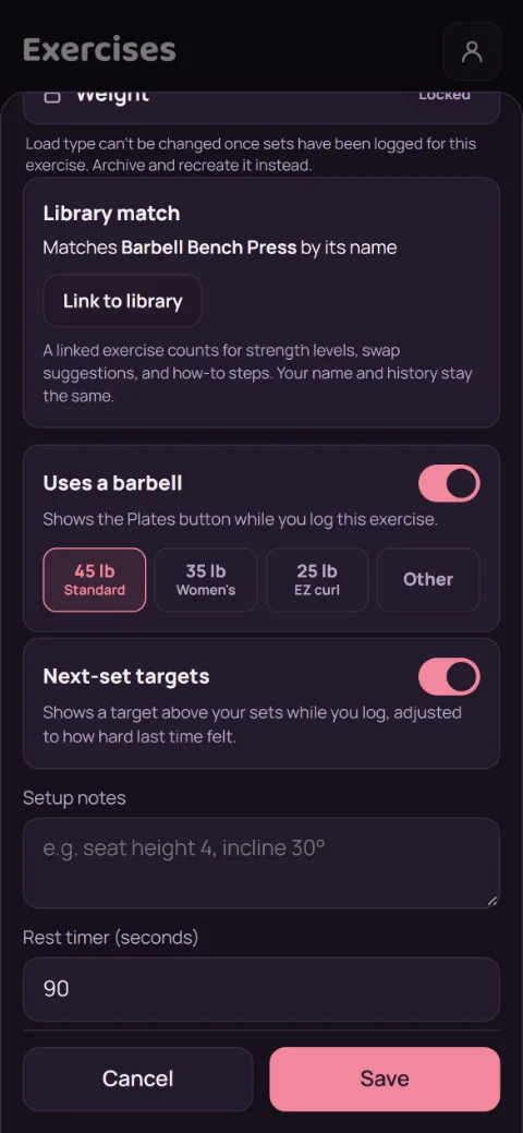 The Edit exercise sheet for Bench press with the Next-set targets switch on.
