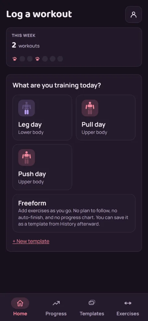 Home with Push day, Pull day, and Leg day tiles and a Freeform tile.