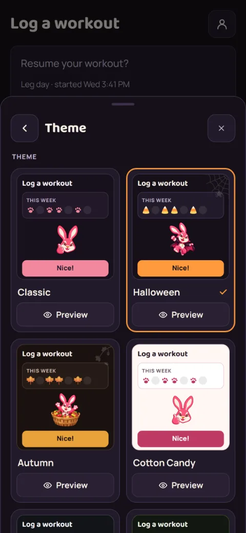 Theme picker with Classic, Halloween, Autumn, and Cotton Candy