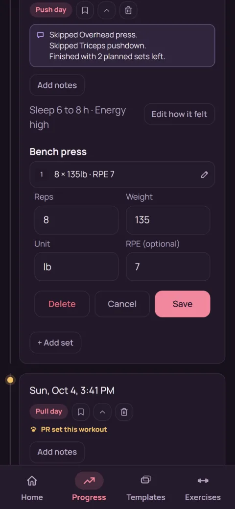 A workout in the Workout log with one set open for editing, showing Delete, Cancel, and Save.