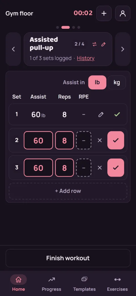 Assisted pull-up sets logged with 60 lb of assist for 8 reps
