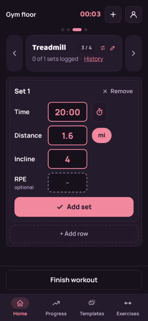 Treadmill set with time 20:00, distance 1.6 mi, and incline 4