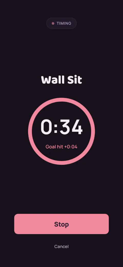 Stopwatch timing a wall sit at 0:34, four seconds past its goal