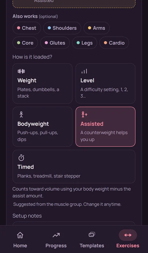 Choosing how an exercise is loaded: weight, level, bodyweight, assisted, or timed