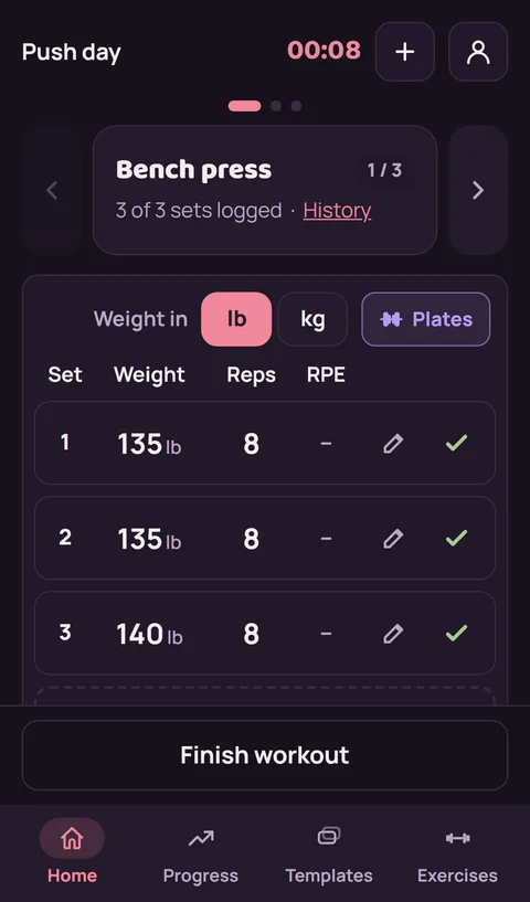 Push day workout with three bench press sets logged, the last at 140 lb